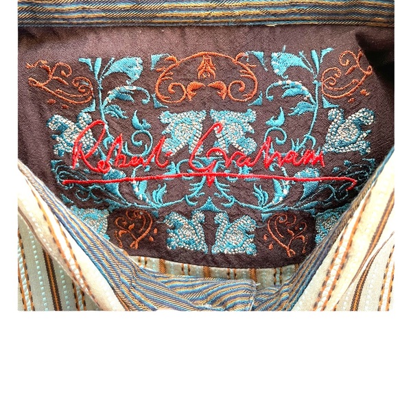 Robert Graham Long Sleeve Button Down Shirt w/Flip Cuffs Green & Brown Stripes - Picture 12 of 12